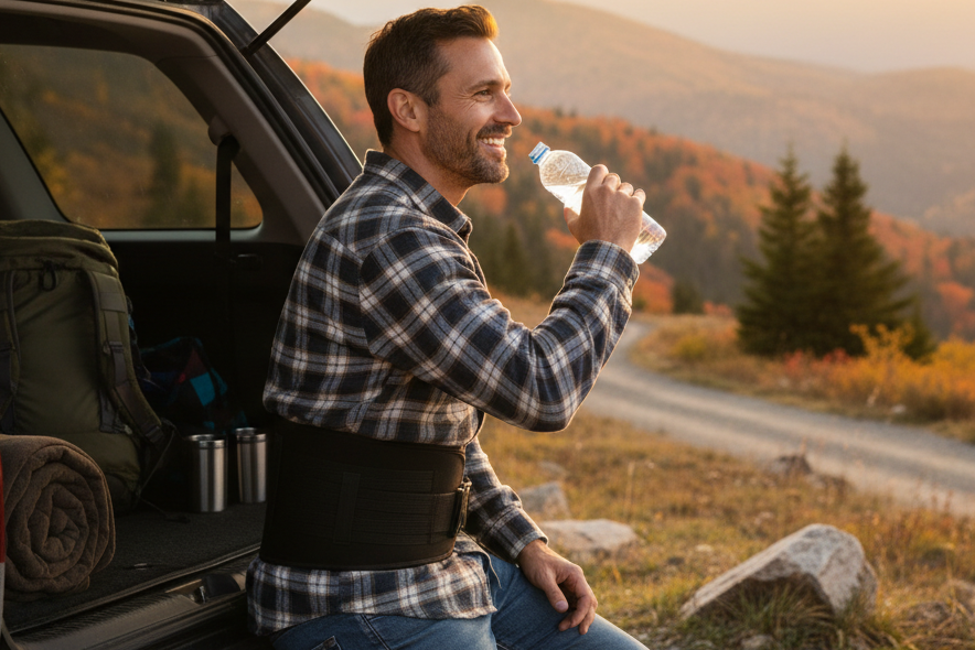 Homme portant la ceinture lombaire en montagne